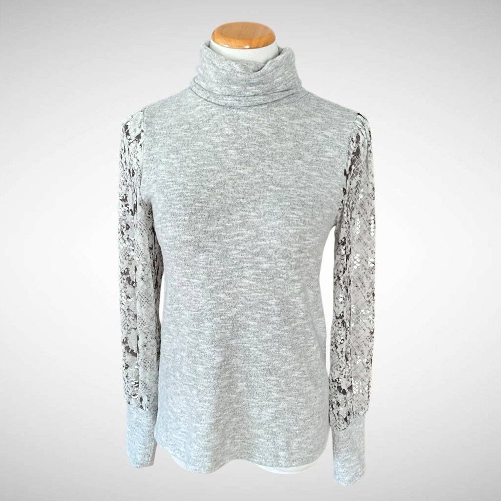THML Anthropologie Gray Mixed Media Turtleneck Sweater Sheer Sleeves